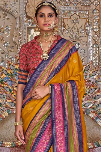 Mustard ethnic motifs printed sungudi saree