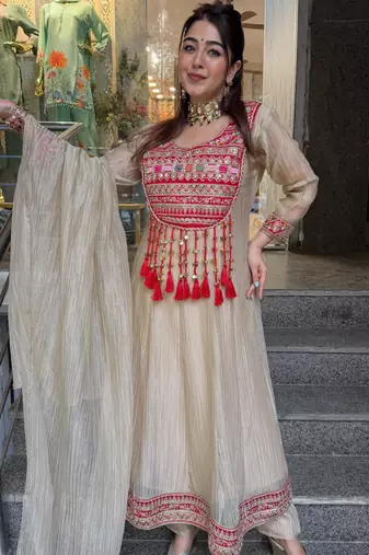 Beige silk blend embroidered flared gown set