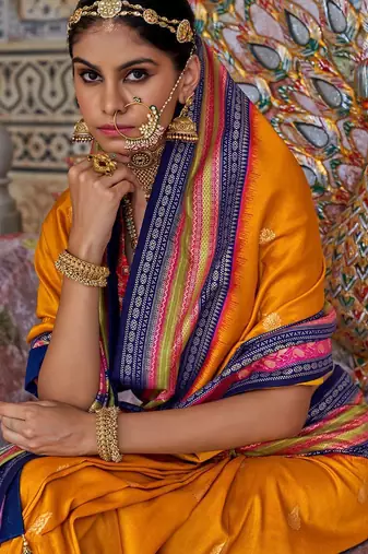 Mustard ethnic motifs printed sungudi saree