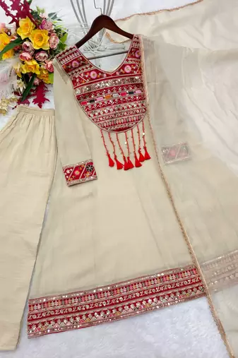 Beige silk blend embroidered flared gown set
