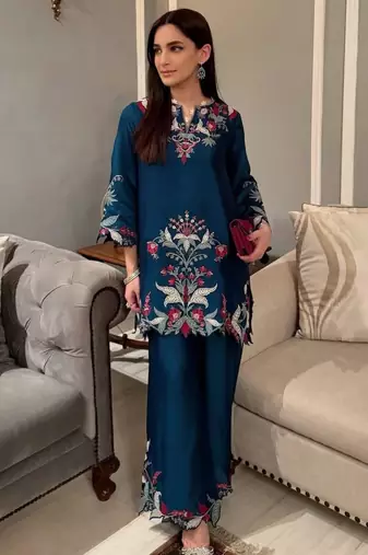Teal silk blend embroidered palazzo set