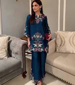 Teal silk blend embroidered palazzo set