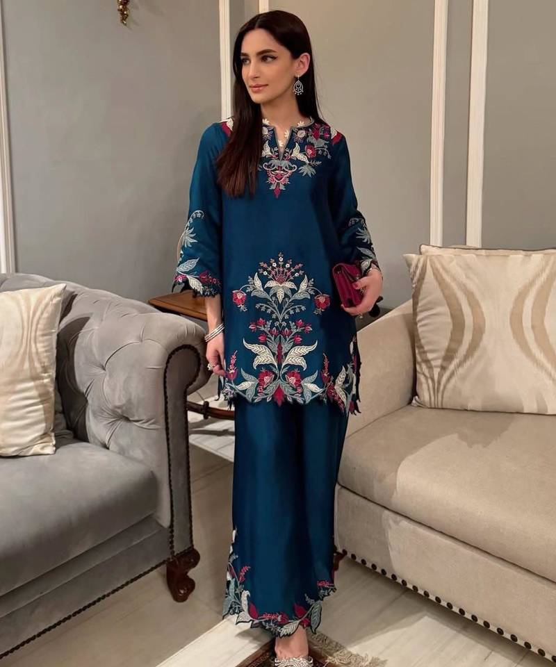 Teal silk blend embroidered palazzo set