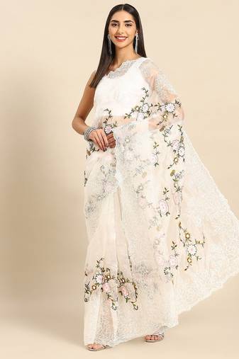 white floral embroidered organza saree