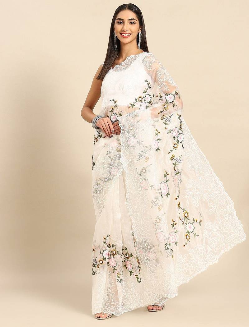 white floral embroidered organza saree