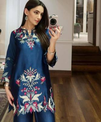 Teal silk blend embroidered palazzo set 2