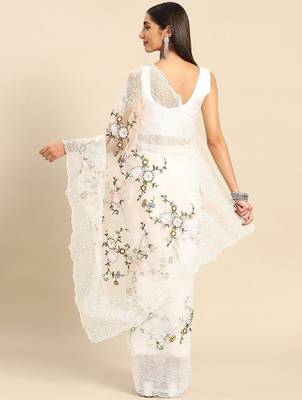 white floral embroidered organza saree 2