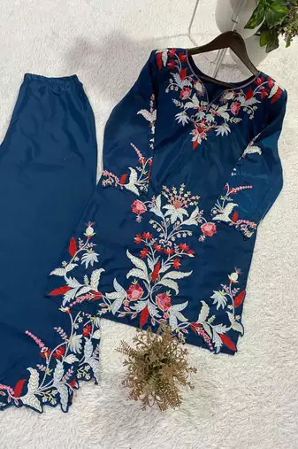 Teal silk blend embroidered palazzo set