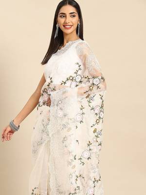 white floral embroidered organza saree 3