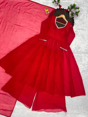Red georgette mirror palazzo set 4