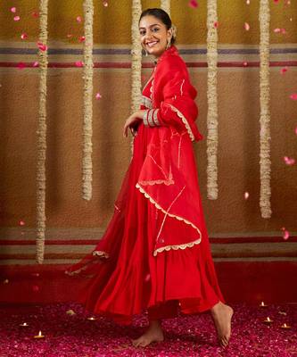 Red georgette mirror flared gown set 1