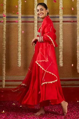 Red georgette mirror flared gown set
