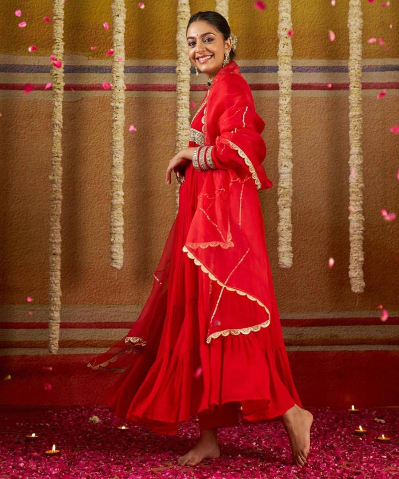 Red georgette mirror flared gown set