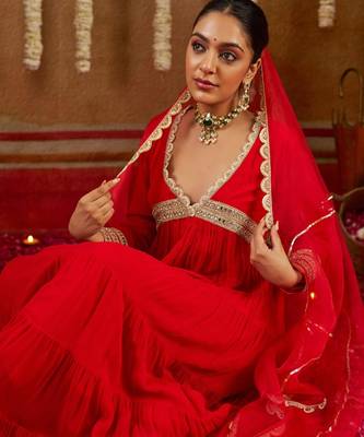 Red georgette mirror flared gown set 2