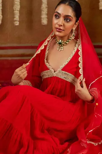 Red georgette mirror flared gown set