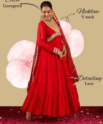 Red georgette mirror flared gown set 3