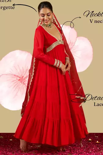 Red georgette mirror flared gown set