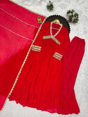 Red georgette mirror flared gown set 4