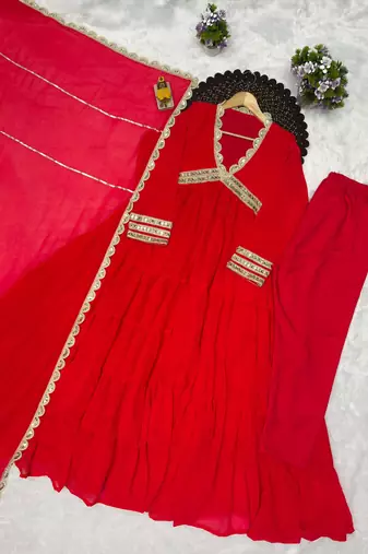 Red georgette mirror flared gown set