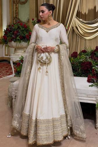 White silk blend embroidered flared gown set