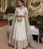 White silk blend embroidered flared gown set