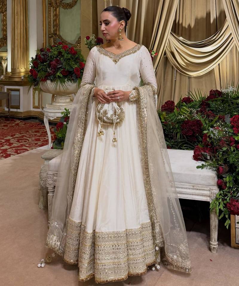 White silk blend embroidered flared gown set