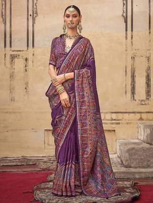 Purple ethnic motifs silk blend banarasi saree 1