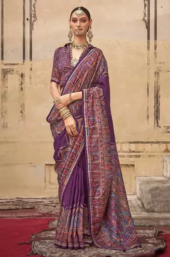 Purple ethnic motifs silk blend banarasi saree