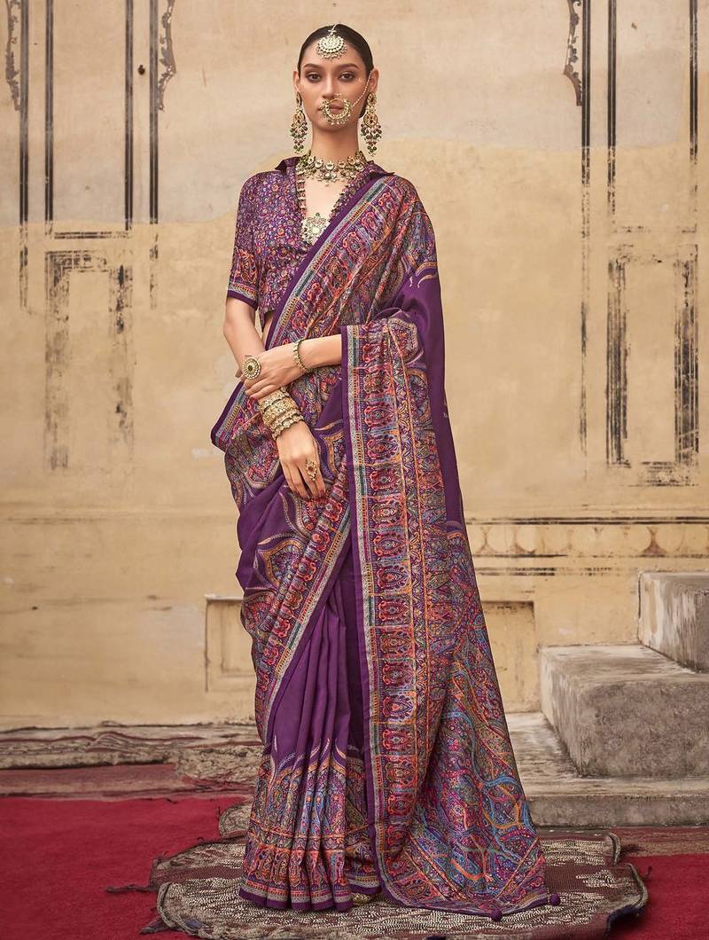 Purple ethnic motifs silk blend banarasi saree
