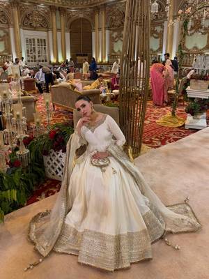 White silk blend embroidered flared gown set 2