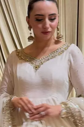 White silk blend embroidered flared gown set
