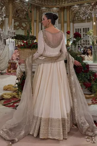 White silk blend embroidered flared gown set