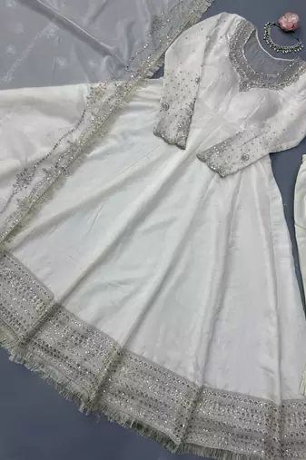 White silk blend embroidered flared gown set