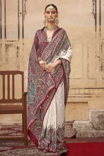 Cream ethnic motifs silk blend banarasi saree