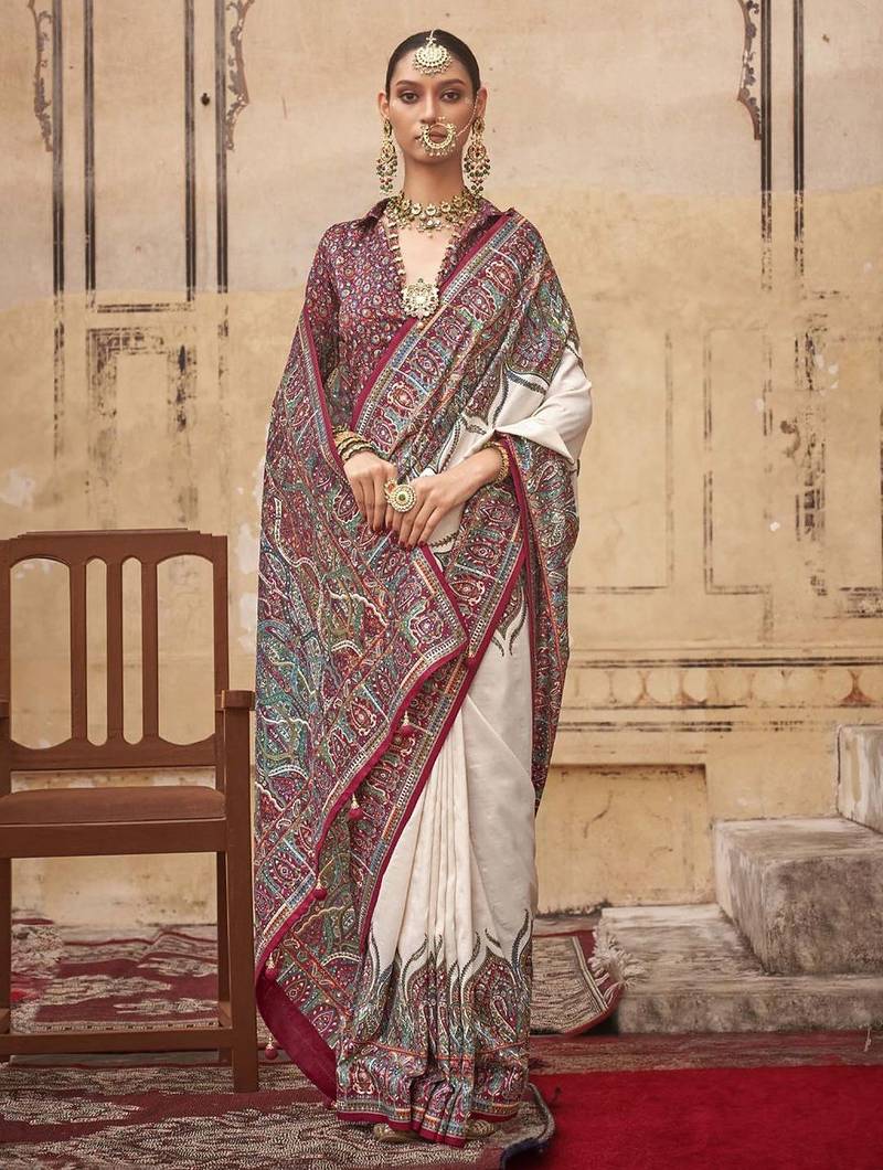 Cream ethnic motifs silk blend banarasi saree