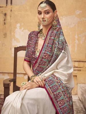 Cream ethnic motifs silk blend banarasi saree 2