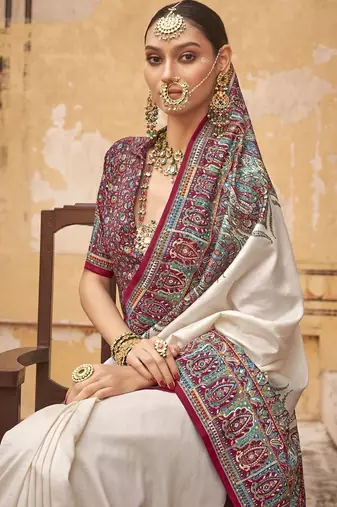 Cream ethnic motifs silk blend banarasi saree