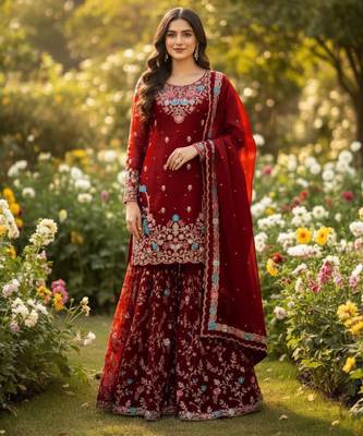 Dark-red silk blend embroidered sharara set 1