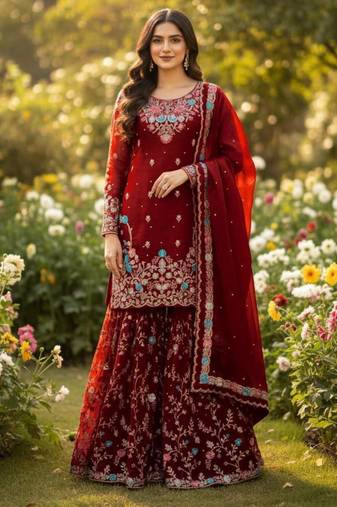 Dark-red silk blend embroidered sharara set
