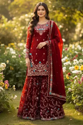 Dark-red silk blend embroidered sharara set