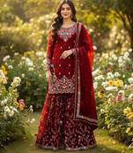 Dark-red silk blend embroidered sharara set