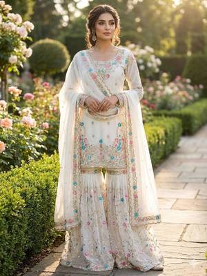 White silk blend embroidered sharara set 1