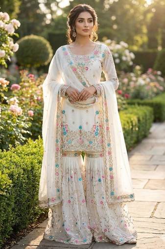 White silk blend embroidered sharara set