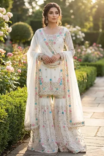 White silk blend embroidered sharara set