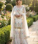 White silk blend embroidered sharara set