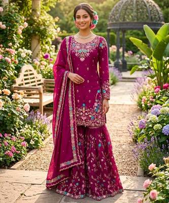 Dark-magenta silk blend embroidered sharara set 1