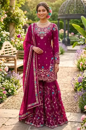 Dark-magenta silk blend embroidered sharara set