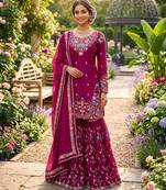Dark-magenta silk blend embroidered sharara set