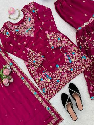 Dark-magenta silk blend embroidered sharara set 2