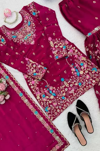 Dark-magenta silk blend embroidered sharara set